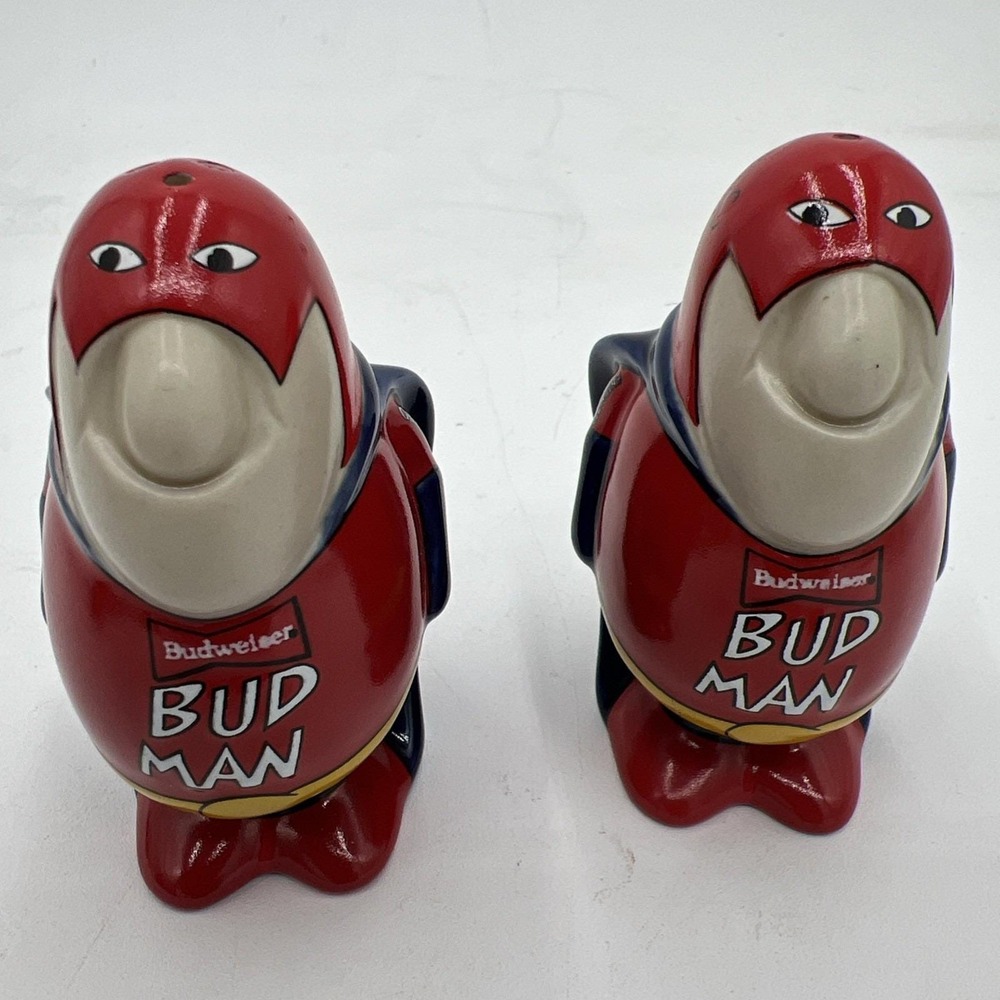 Vintage Budman 1991 Salt  & Pepper Shakers  BUDWEISER BUD MAN Mascot Ceramic Set